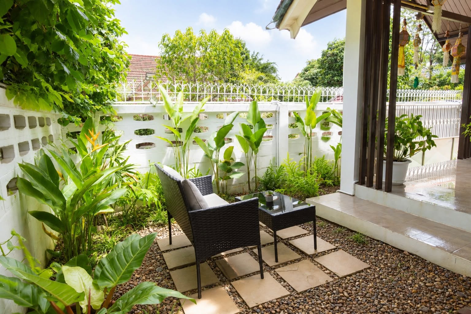 Leafy private garden seating