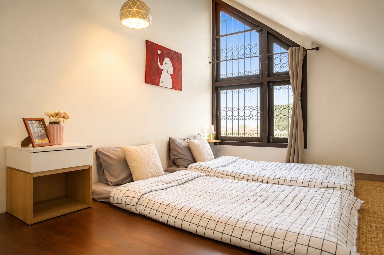 Bedroom with high window